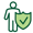 Person standing next to green shield with checkmark